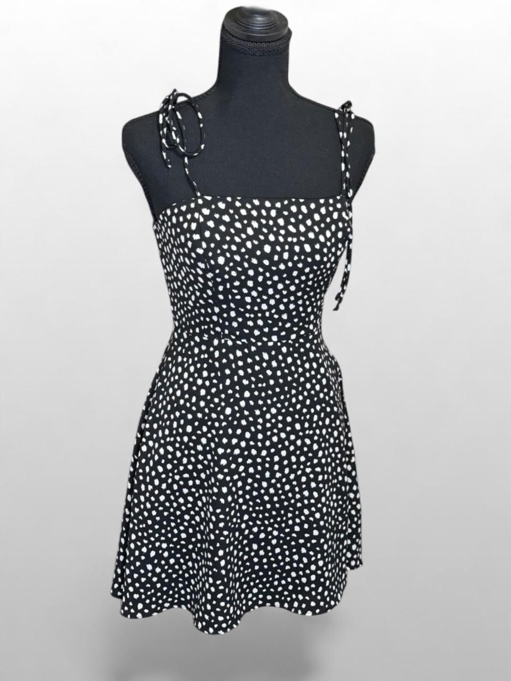 Polka Dot Mini Dress Womens S Black White Tie Strap Fit Flare Sundress